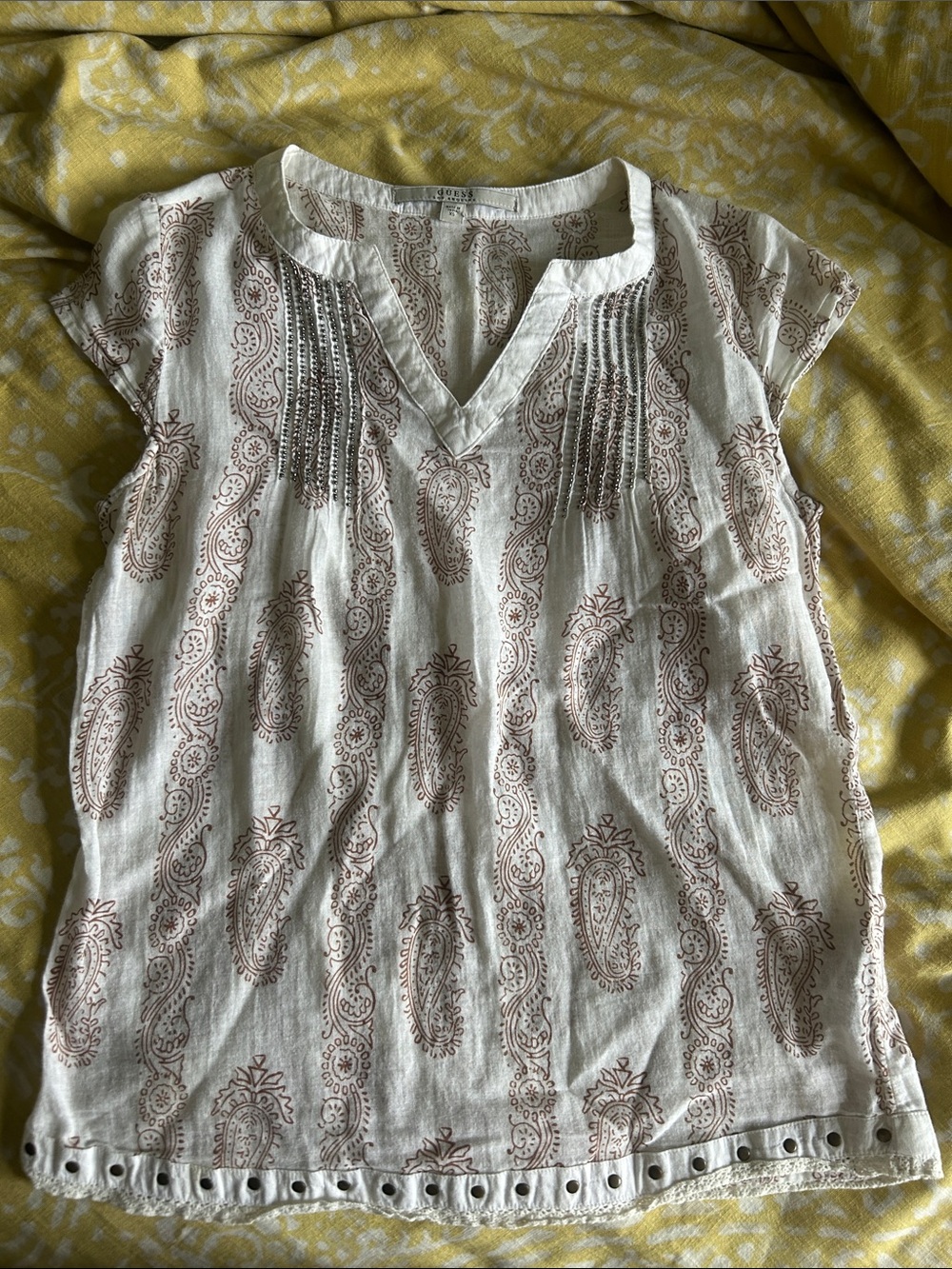 Guess Cream Paisley Pintuck Split-Neck Blouse
